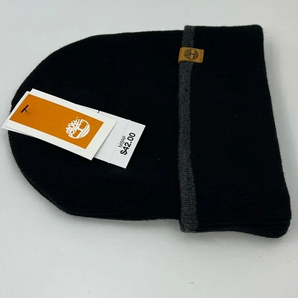 TIMBERLAND BLACK BEANIE, UNISEX, ONE SIZE FITS ALL, BEANIE WITH GREY ON THE CUFF - Picture 8 of 15